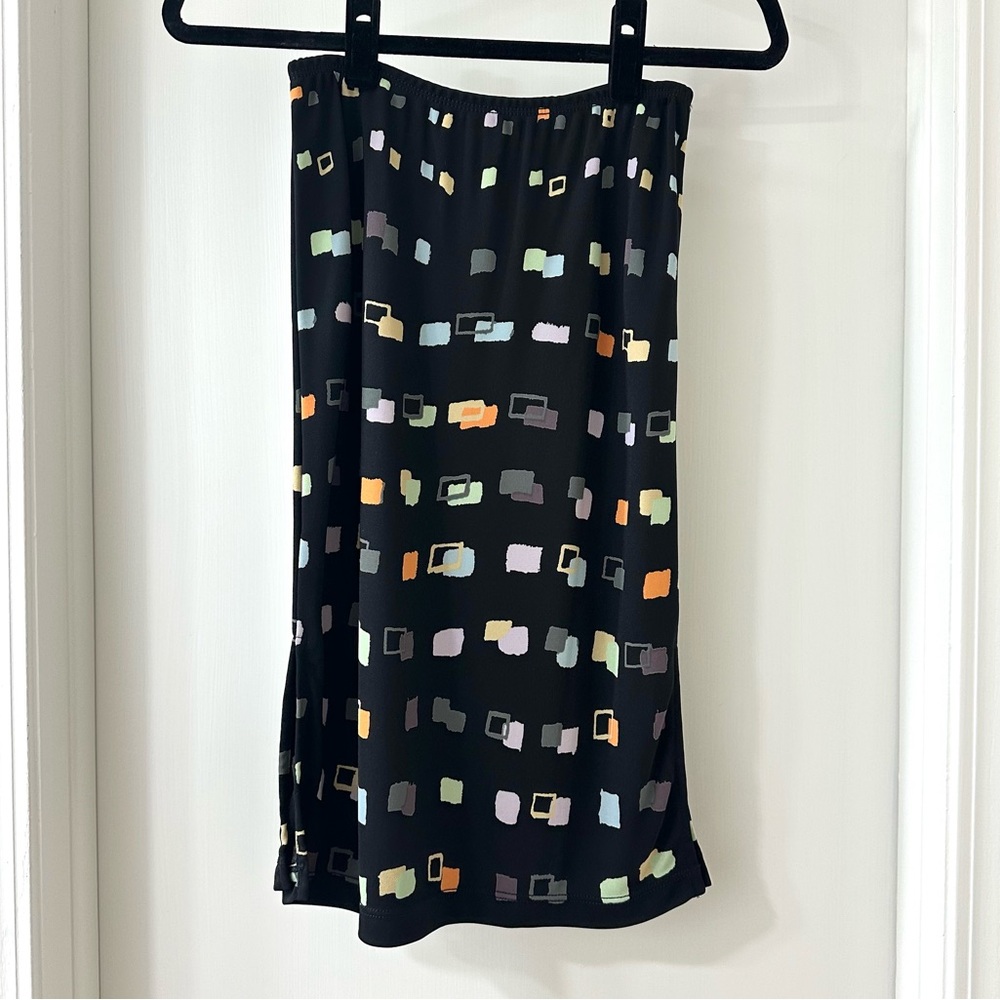 BCBG Vintage Black Midi Skirt with Multicolor Geometric Pattern, Size XS